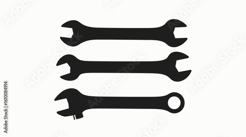 A vector illustration showcasing a set of three black wrench tools, including adjustable and pipe wrenches, perfect for industrial or repair-themed designs.
