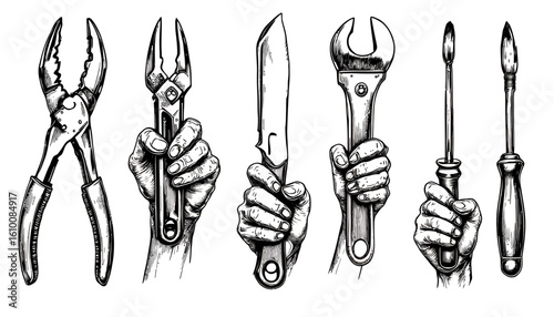 A collection of strong human hands gripping various essential work tools like wrenches, pliers, and screwdrivers, rendered in a detailed vintage vector style.