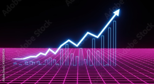 Visualizing a Successful Business Growth Trend with a Neon Blue Upward Arrow Chart on a Vibrant Pink Grid Background