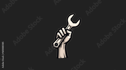 Close-up vector illustration of a hand holding an adjustable wrench, a tool for tightening and loosening nuts and bolts, ideal for repair and maintenance projects.