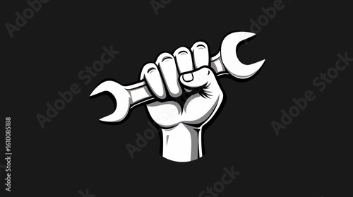 A strong white hand firmly grips a silver wrench against a dark background, a vector illustration perfect for construction, repair, or mechanical themes.