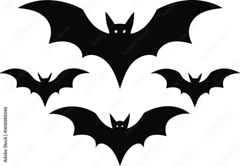 Fototapeta premium Flying Bats Three Curved Wings Vector Silhouette
