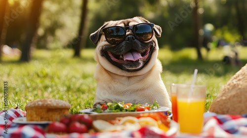 A smiling pug wearing sunglasses and sitting in a picnic setting with food and drinks.