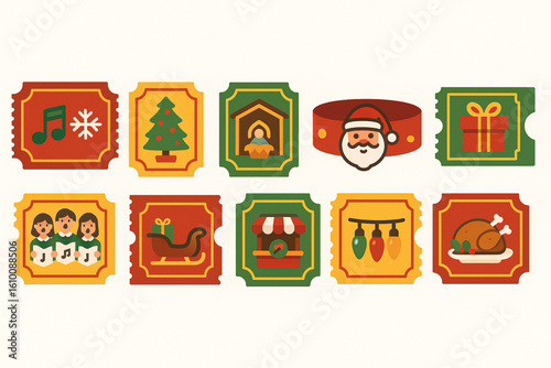 Flat Coloring Christmas Ticket Icons, Festive Holiday Event Set