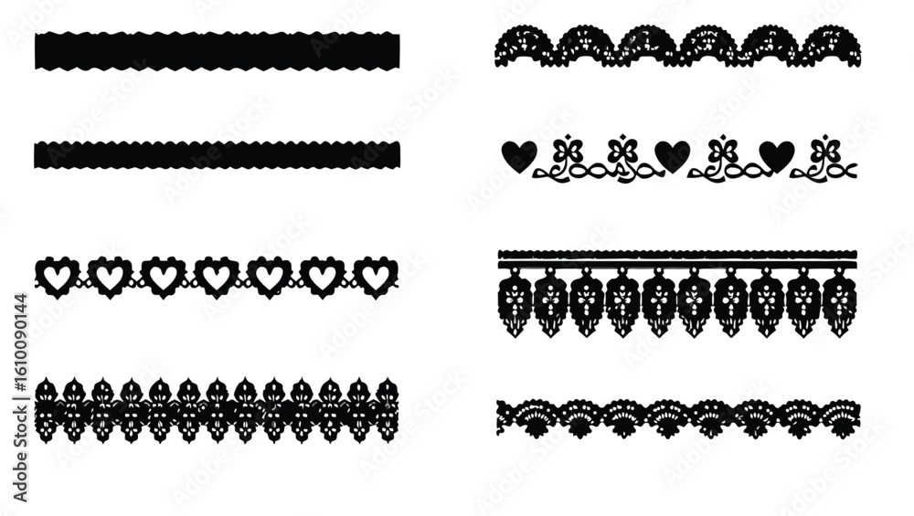 Fototapeta premium Black decorative borders with hearts and floral patterns vector