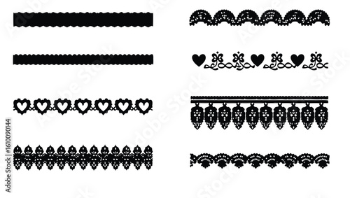 Black decorative borders with hearts and floral patterns vector