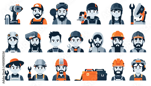 A vector illustration showcases a diverse group of construction workers, each with unique tools and expressions, emphasizing teamwork and the skilled trades in a modern, stylized design.
