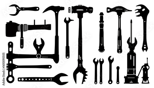 Collection of various mechanical tools including wrenches, hammers, and pipe fittings, rendered in a clean silhouette vector graphic style for graphic design.