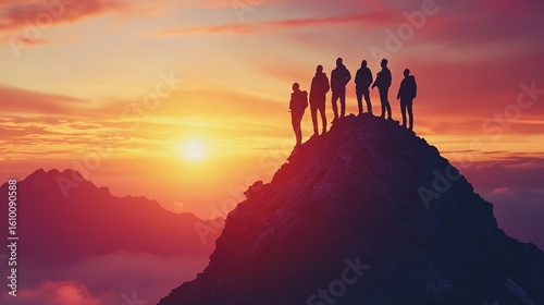 Business team standing on a mountain peak at sunrise, symbolizing overcoming challenges and achieving goals.