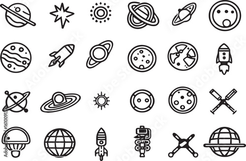Cosmic celestial bodies and spacecraft illustrations planet rocket