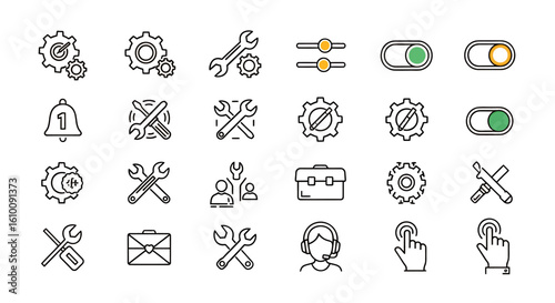 High-quality vector icons set featuring adjustable wrenches, pipes, and various industrial and technical tools, perfect for web or app design projects.