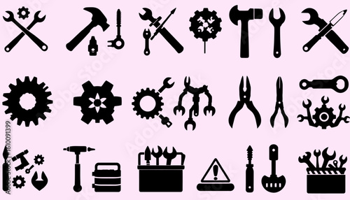 Collection of black silhouette icons representing various tools and mechanical parts, including wrenches, hammers, gears, and pliers, on a light pink background.