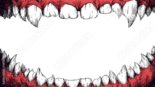 Hand-drawn vampire teeth border with center left blank for title or image insert