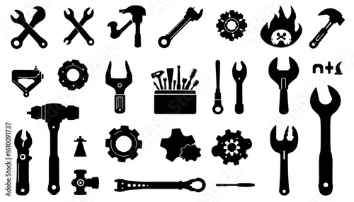 A vector illustration features a collection of various wrenches and tools, rendered in a clean, black-and-white silhouette style, ideal for industrial designs.