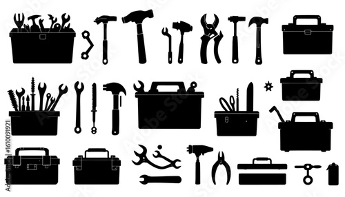 Collection of vector illustrations of various tools, including wrenches, pipes, and adjustable tools, perfect for DIY, industrial, or mechanic projects.  These black and white silhouettes are easily