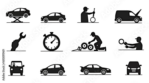 A set of vector car repair icons illustrates various automotive maintenance tasks, including lifting, engine work, and inspections, all in a clean, modern style.