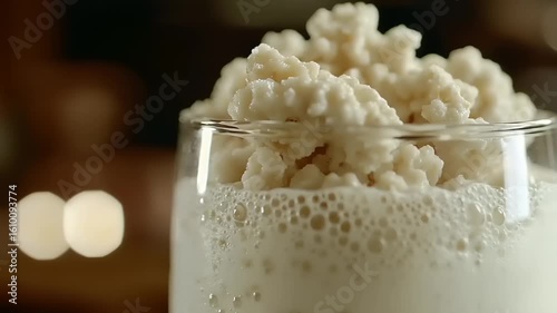 Close-up of milk kefir grains in a glass with a blurred background providing a healthy food source
