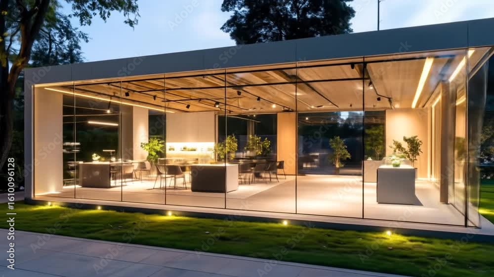 custom made wallpaper toronto digitalModern Glass Pavilion at Twilight: Elegant Design Showcase