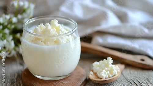 A close-up view of homemade milk kefir in a glass on a wooden table, healthy drink concept,