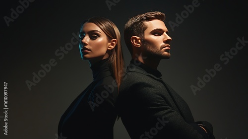 Man and woman standing back-to-back in high fashion clothing, dramatic studio lighting with minimal background.