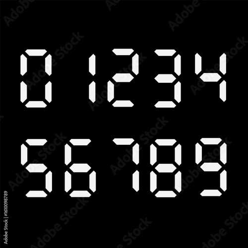 A set of white, stylized digital numbers 0-9 on a black background, resembling an LCD display