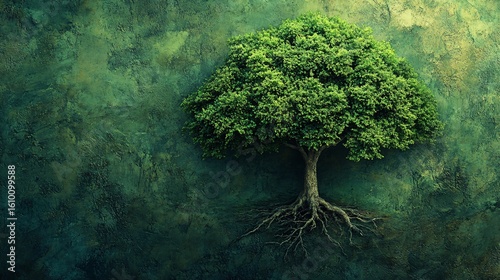 Lush green tree with extensive roots against a textured dark green background.