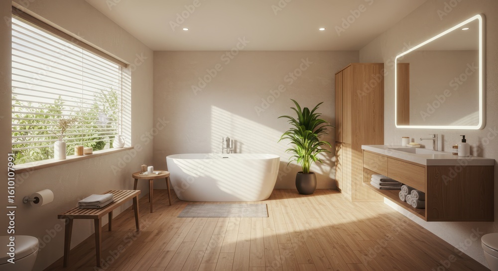 Fototapeta premium Modern Spacious Bathroom Interior with Natural Light and Minimalist Design Elements for Relaxation and Comfort