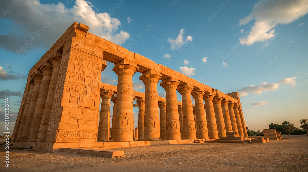 Fototapeta premium Ancient Egyptian temple ruins with towering columns and hieroglyphs, bathed in the warm glow of a setting sun under a blue sky with scattered clouds.