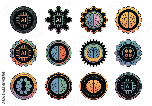 Artificial Intelligence and Machine Learning Badges Set for Technology and Innovation Designs Future Technologies and Brainpower Concepts
