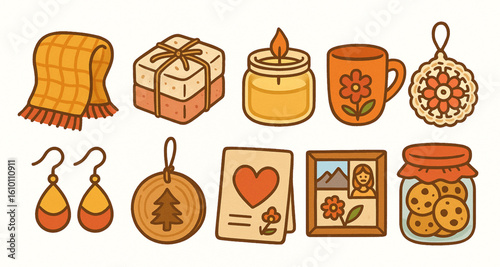 Flat Coloring Handmade Gift Icons, DIY Holiday Present Set