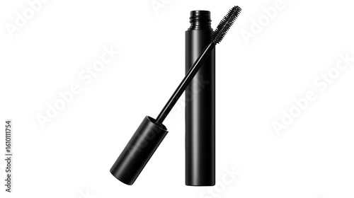 Black mascara tube lies with brush.