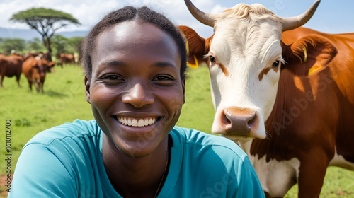 a close-up shot of an African bovine with a local smiling. The picture in working as a volunteer in Africa.
