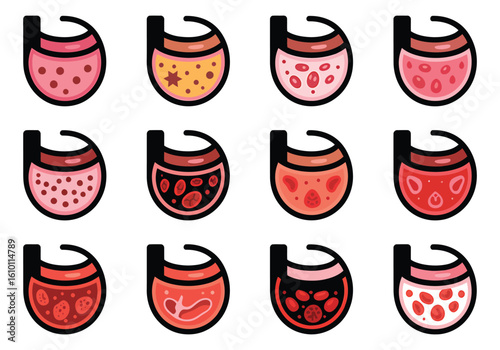 Collection of Stylized Boba Tea Illustrations with Various Flavors and Toppings for Graphic Design Projects