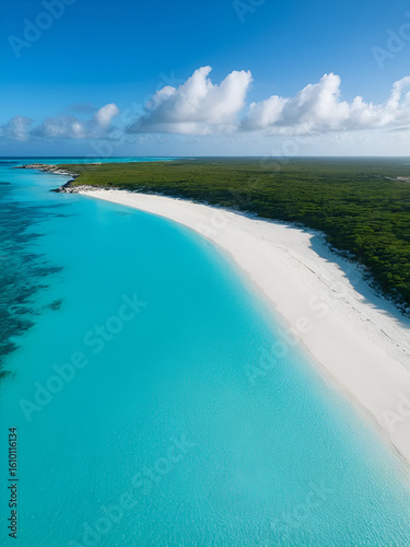 Drone shot of a beautiful turquoise beach near Mudjin Harbour, a secluded beach on the larger Caribbean island of Middle Caicos in the Turks and Caicos Islands.