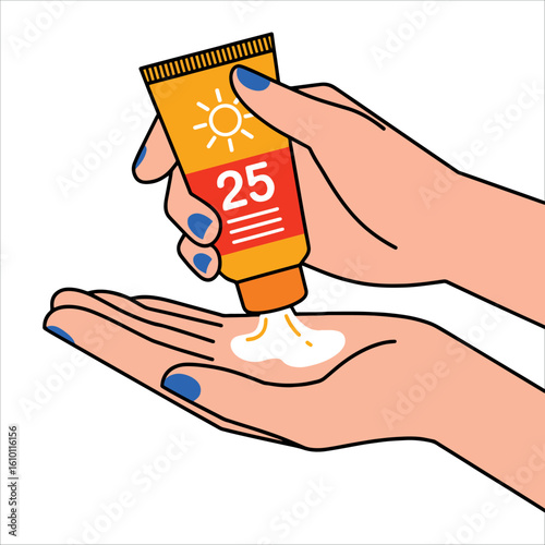Hand applying sunscreen cream or lotion, vector illustration for summer SPF product design and skin care protection in flat cartoon style
