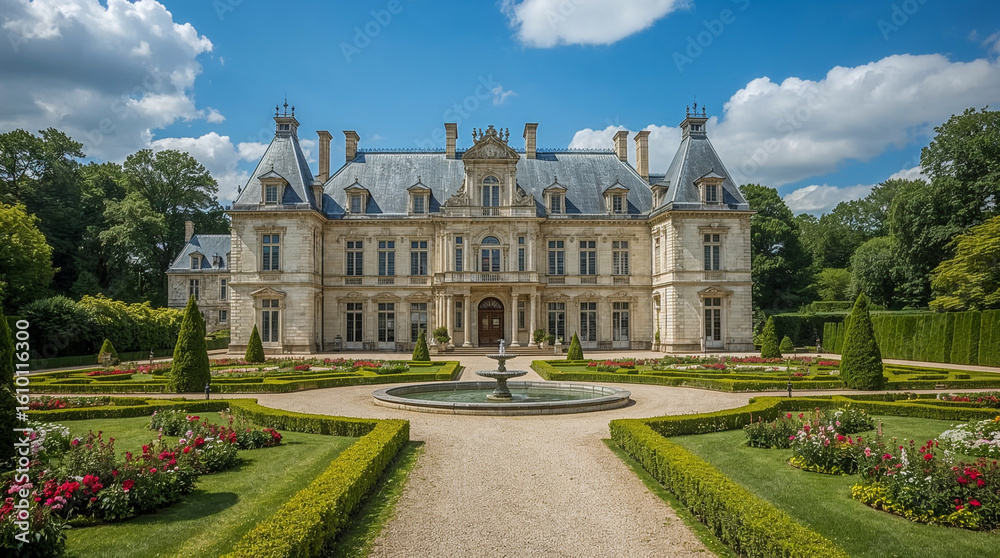 Fototapeta premium A grand chateau with a fountain in the foreground, surrounded by manicured gardens and lush trees under a bright blue sky.