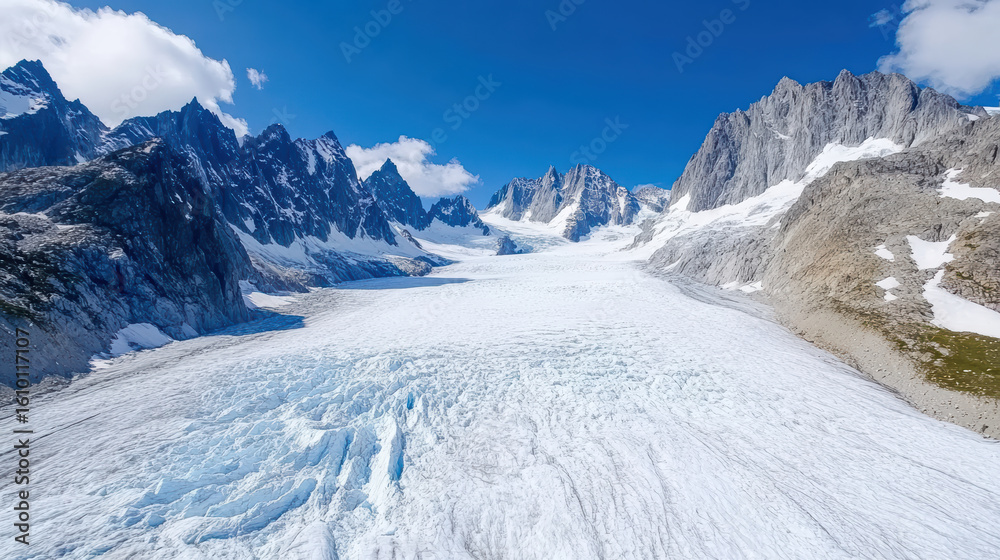 Obraz premium Majestic glacier flowing through rugged mountain landscape under clear blue sky