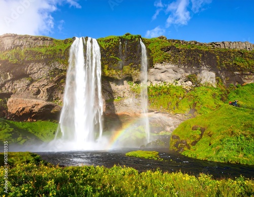 Stunning waterfall cascading into a tranquil pool, vibrant colors and lush greenery
