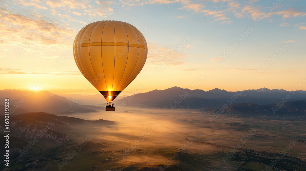 Fototapeta premium Hot air balloon floats gracefully sky during stunning sunrise, casting warm glow over landscape