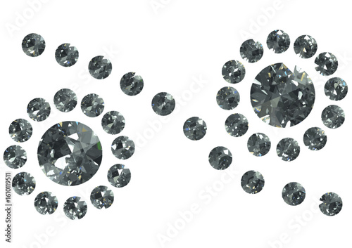 Decorated round brilliant cut diamonds isolated vector objects created by 3D modeling IOR and Abbe value caustics..