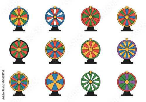 Set of colorful fortune wheels isolated on white background perfect for games of chance promotional material and interactive applications