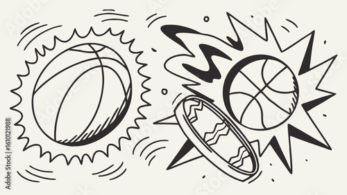 Two basketballs with motion lines and a hoop with a starburst effect in a cartoon style image