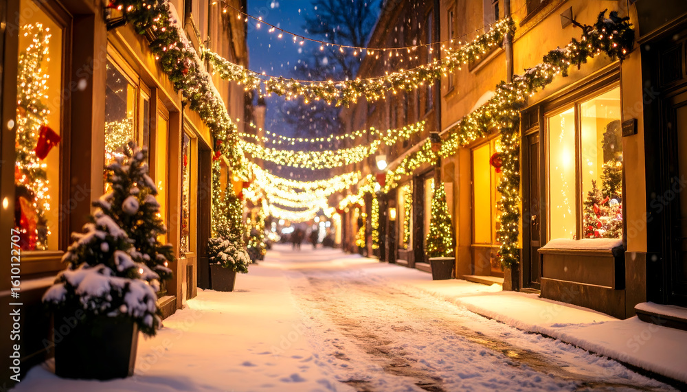 Obraz premium Magical Snowy Street at Night with Sparkling Lights and Warm Shop Windows.