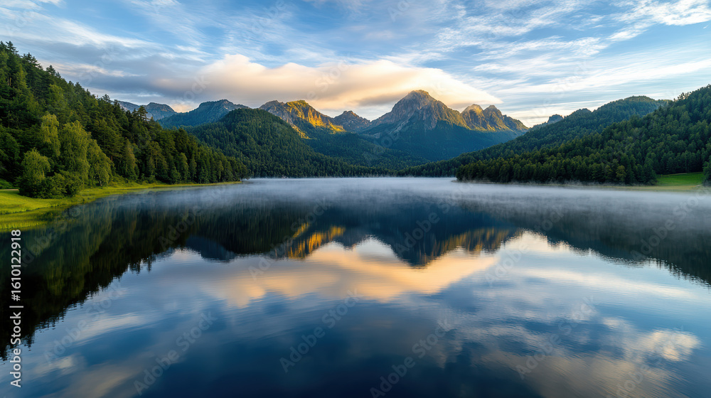 Fototapeta premium Serene lake reflecting mountains and clouds at dusk, surrounded by lush greenery and mist