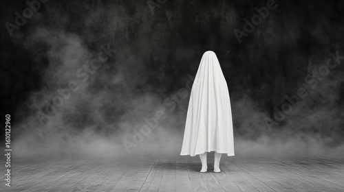 Mysterious figure draped in white sheet stands in foggy, dark space, evoking haunting atmosphere