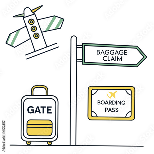 Airplane gate baggage claim boarding pass signs airport