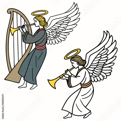 Angel playing trumpet and harp with golden halos music