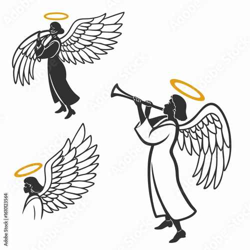 Angels with wings and trumpets golden halos vector