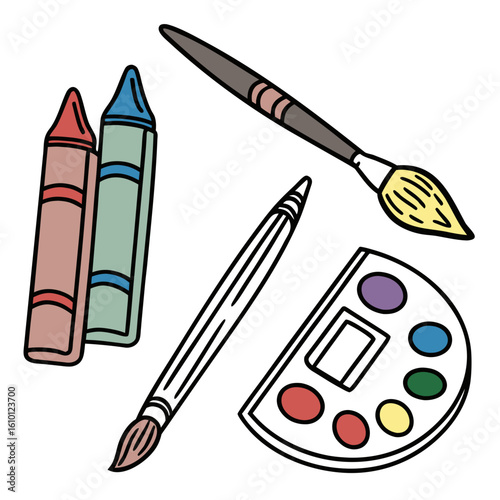 Art supplies including crayons paintbrushes and color palette vector