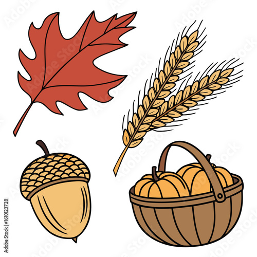 Autumn harvest elements oak leaf acorn wheat ears basket pumpkins fall